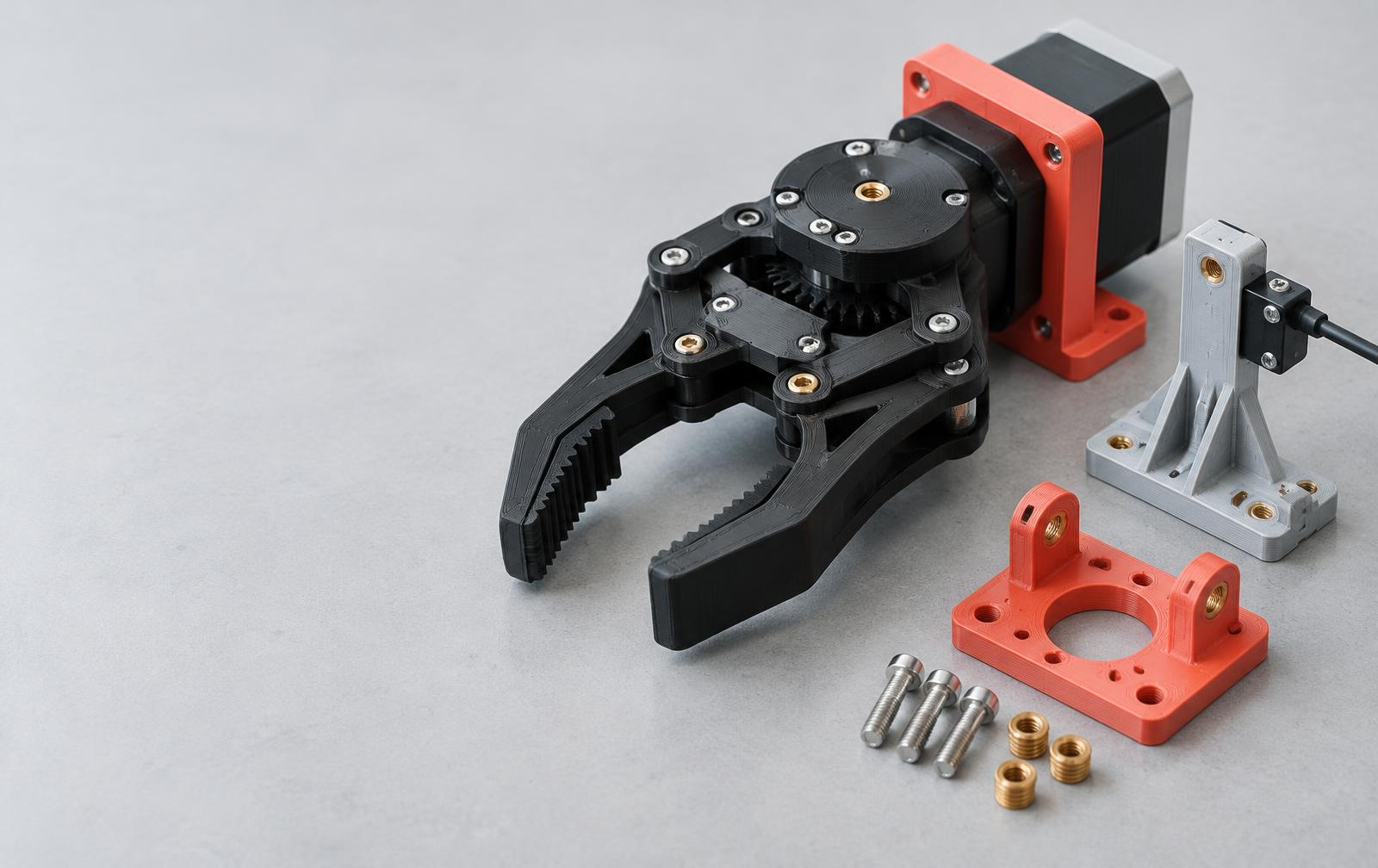 Illustrative functional 3D printed robotic gripper, motor mount and sensor bracket with threaded inserts